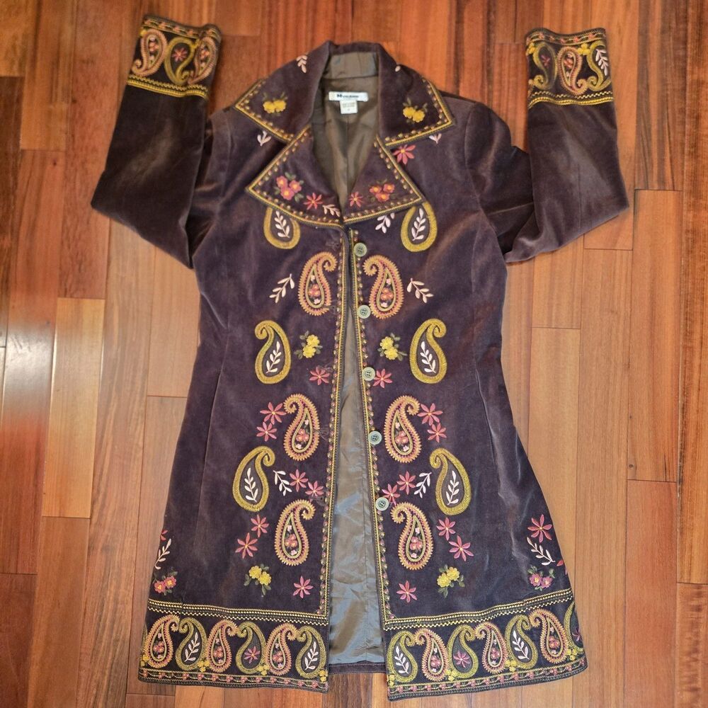 Vintage Brown Knee-length Coat Women's 10  Boho Cottage Hippie Paisley Lagenlook